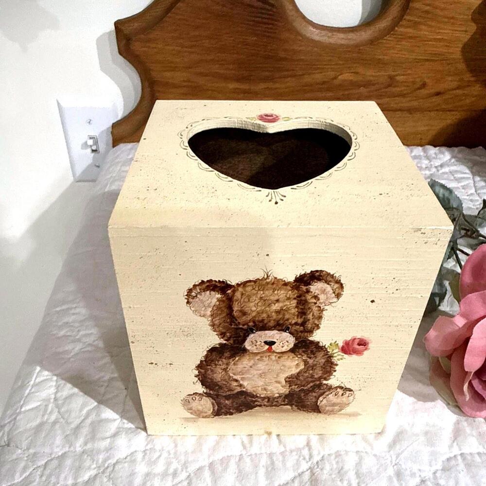 Vintage Hand Painted Wooden Tissue Box Teddy Bear & Rose Heart Cottage Country